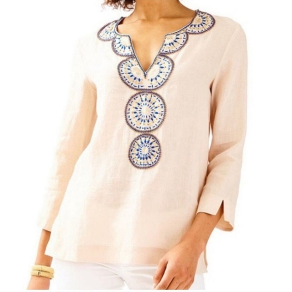 Lilly Pulitzer Linen Beaded Amelia Tunic Top Womens Sz Small Tan Oyster Shell - Picture 2 of 12